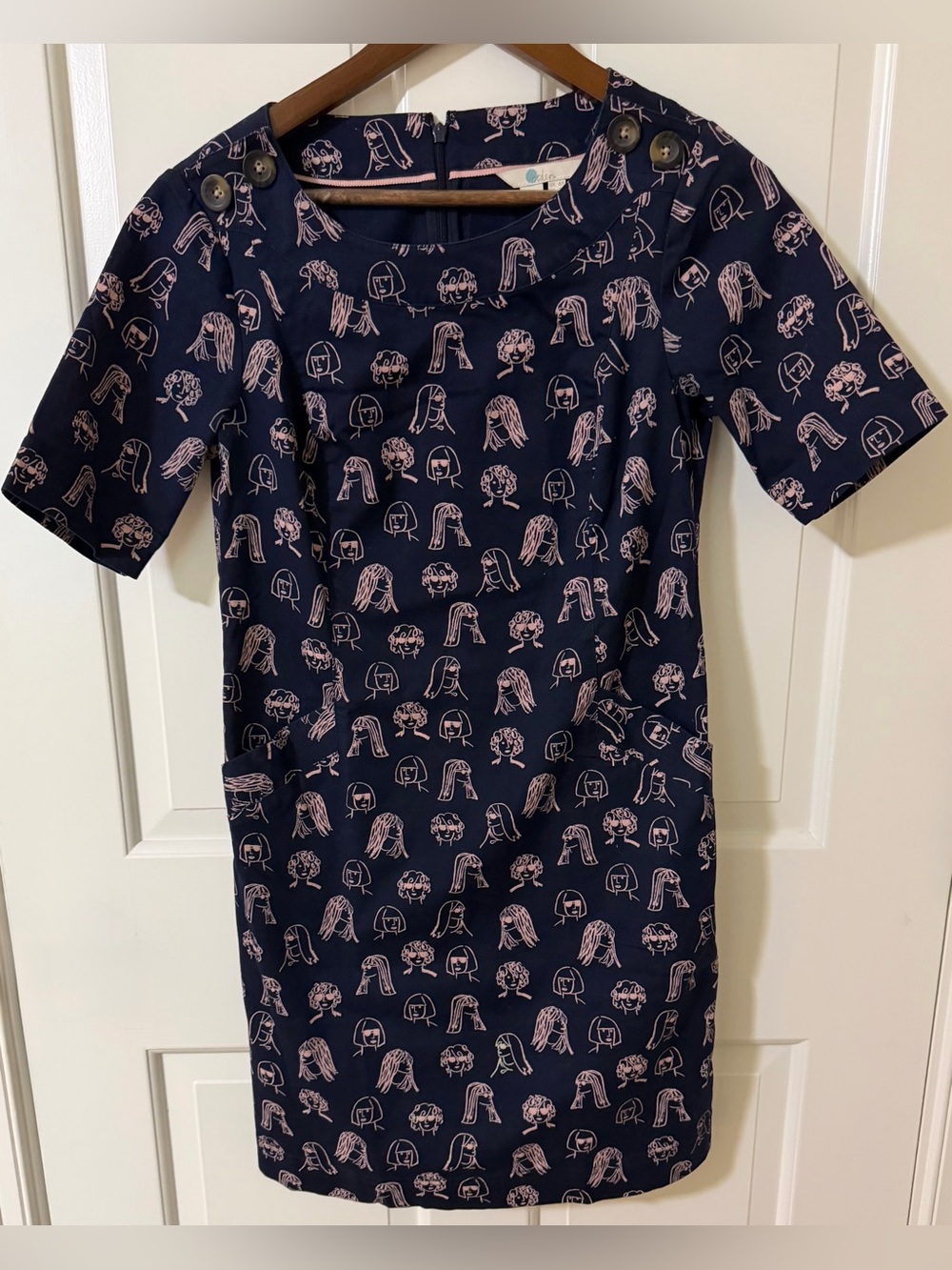 Iona button detail dress by Boden in Navy chit chat pattern